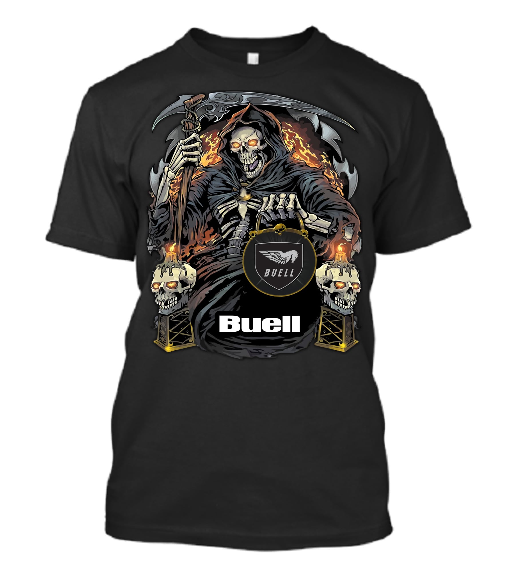 Buell Grim Reaper Motorcycle Skeleton With Scythe And Flaming Skulls T-Shirt