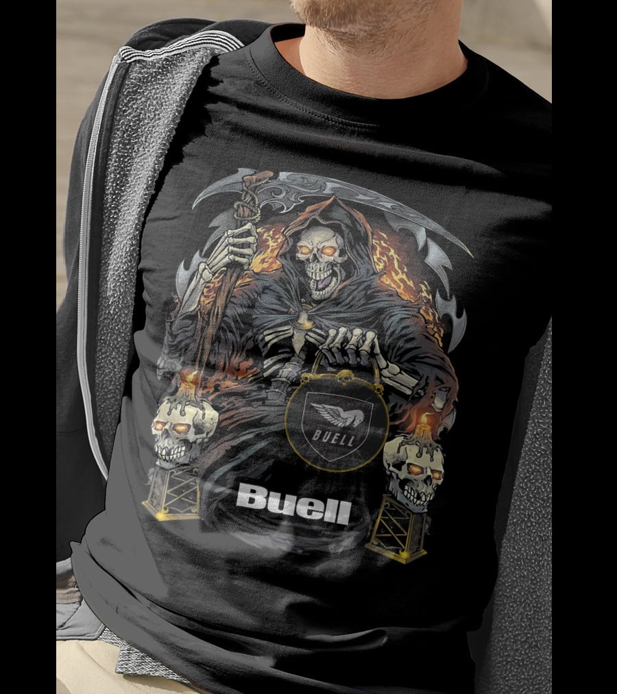 Buell Grim Reaper Motorcycle Skeleton With Scythe And Flaming Skulls T-Shirt