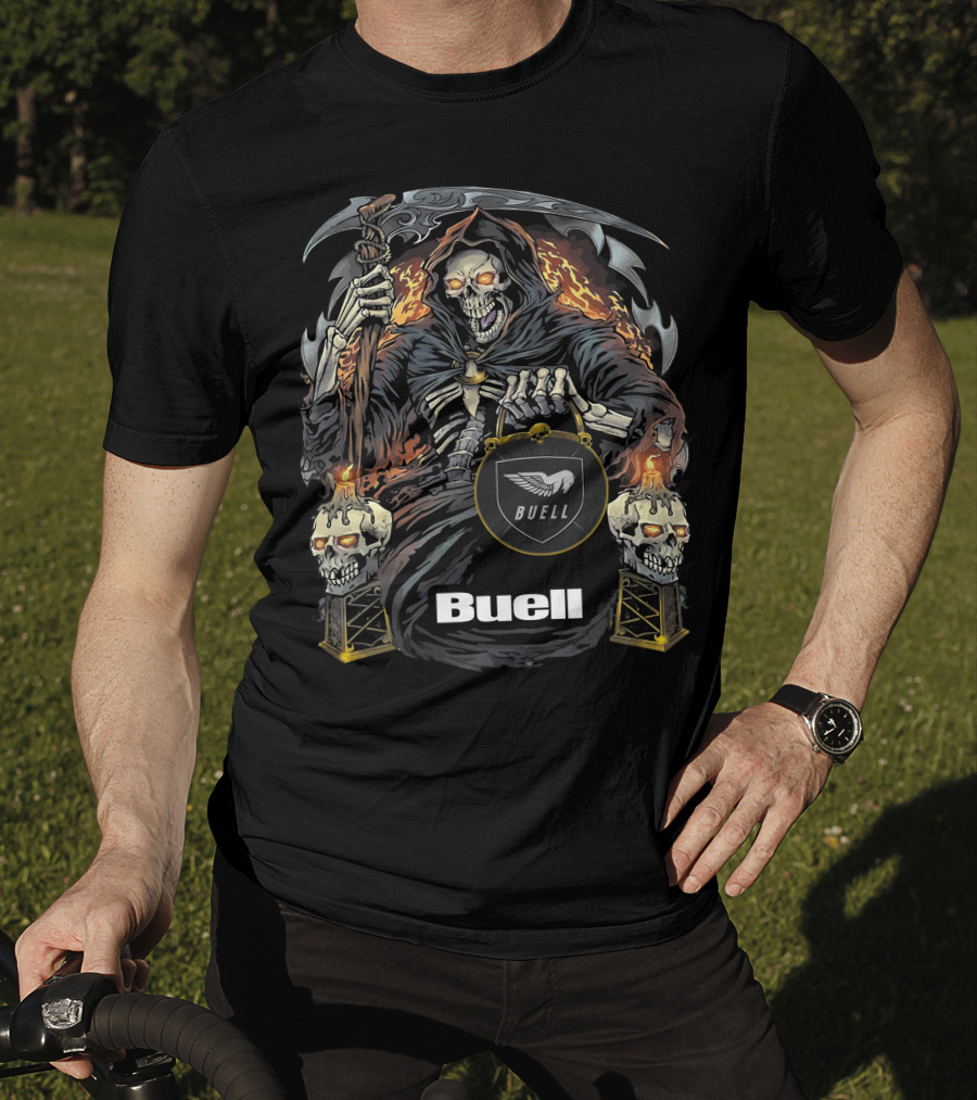 Buell Grim Reaper Motorcycle Skeleton With Scythe And Flaming Skulls T-Shirt