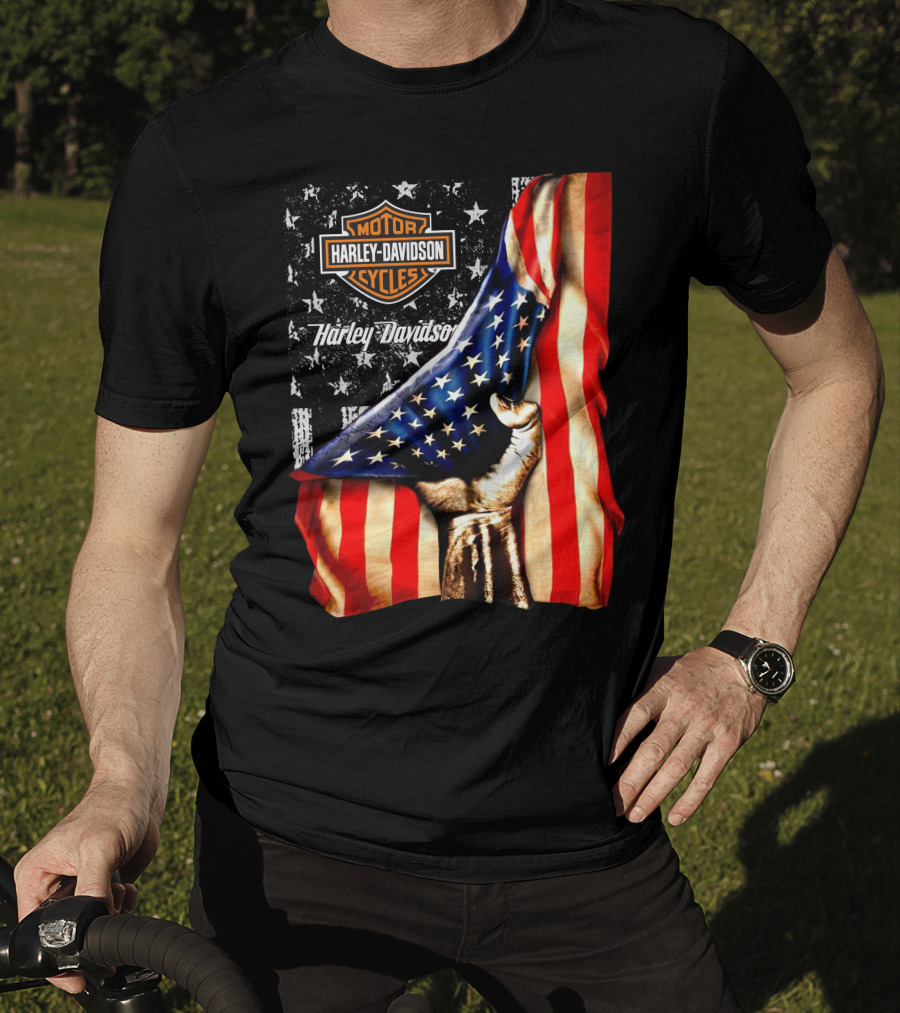 Harley Davidson American Flag Hand Motorcycle Cycles T-Shirt