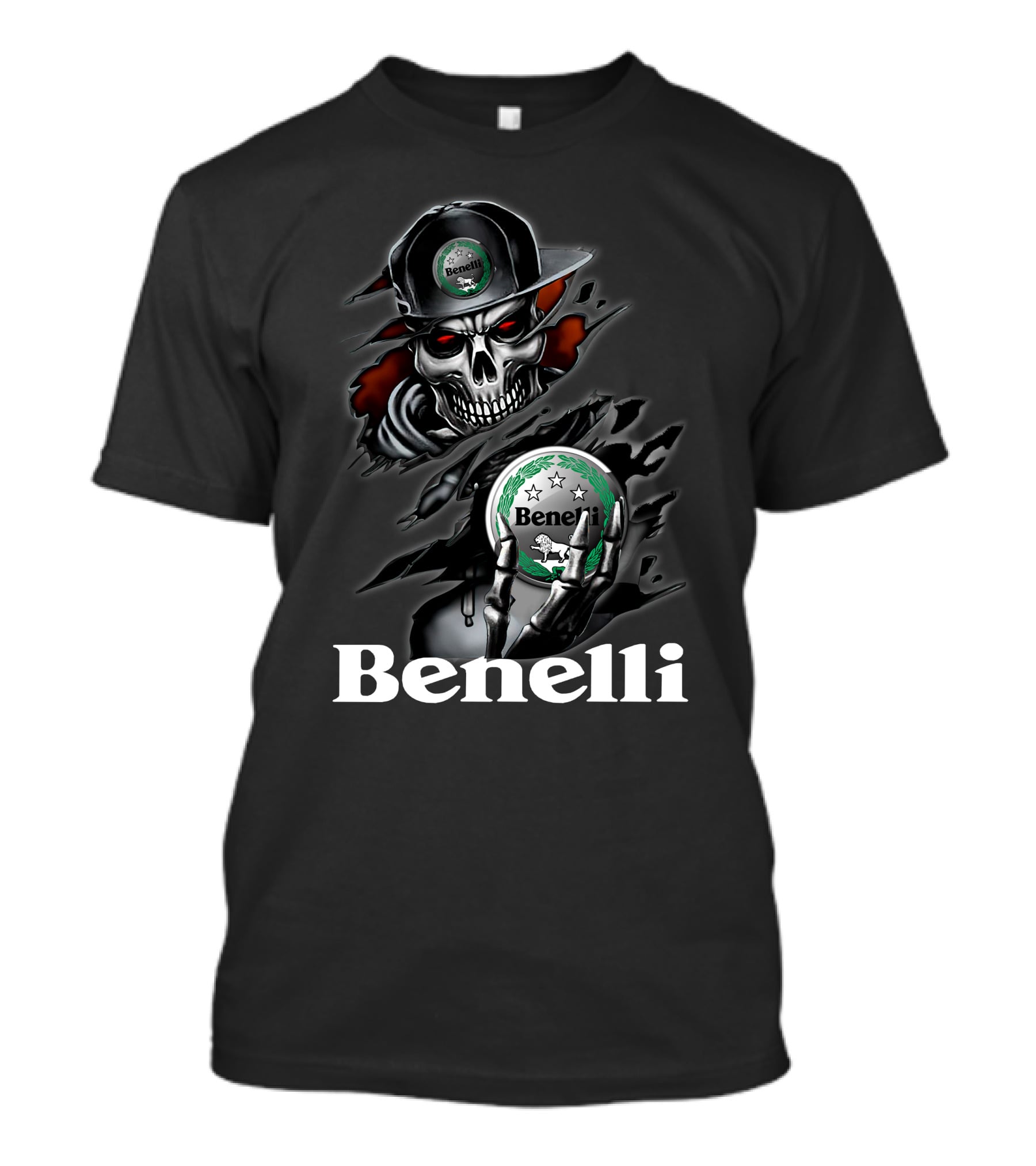 Benelli Skull Holding Logo Emblem With Stars And Badge In Dark Theme T-Shirt