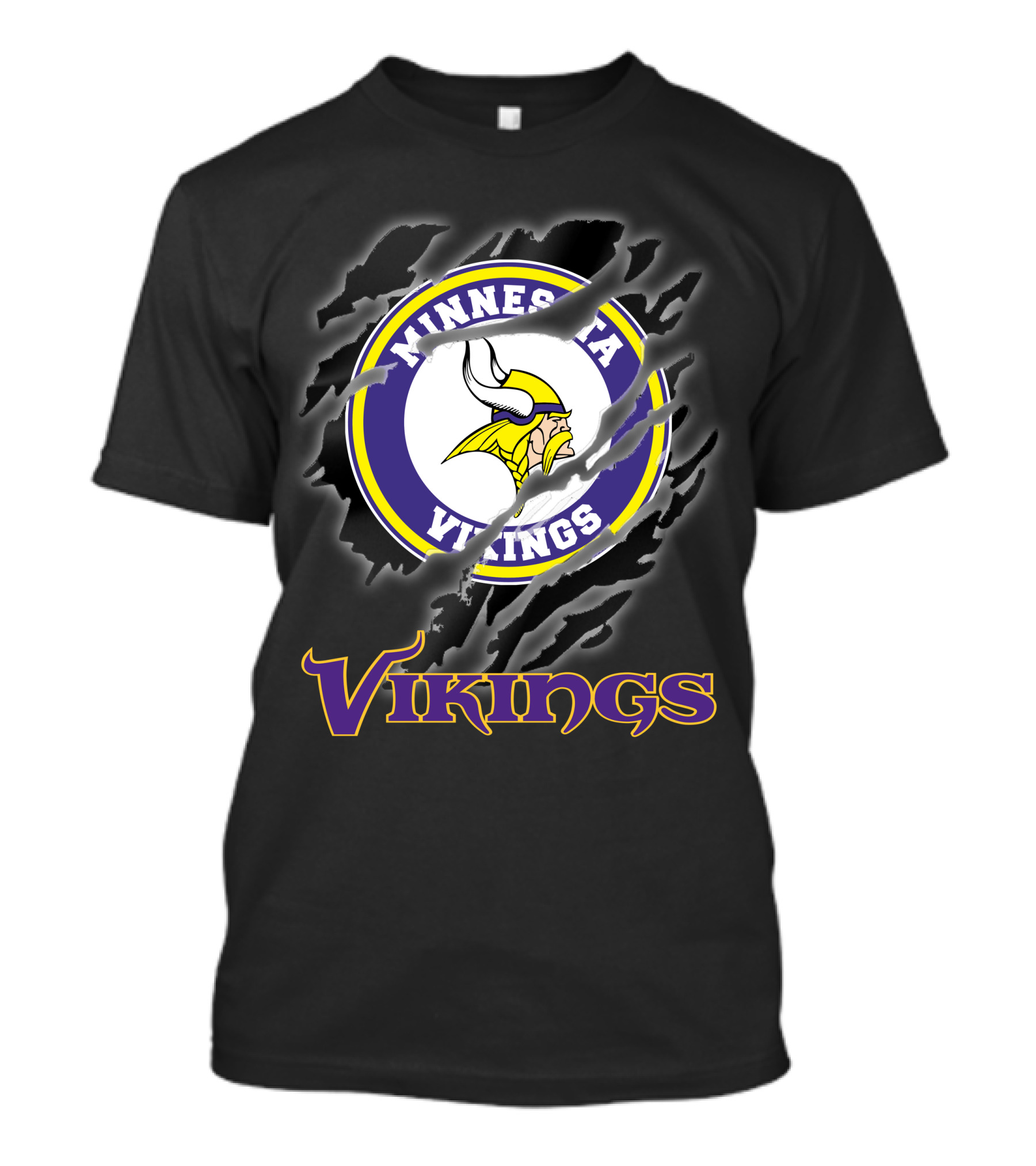 Minnesota Vikings Ripped Logo Design Featuring Iconic Viking Helmet And Horns T-Shirt