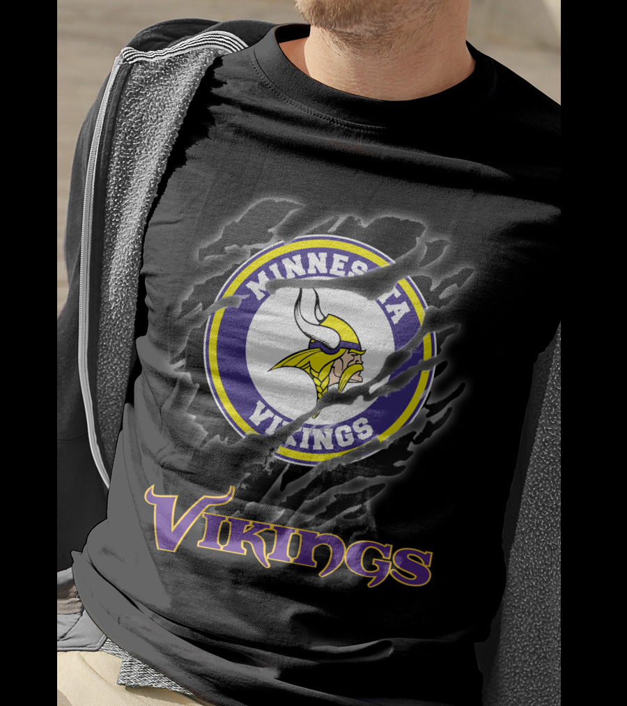 Minnesota Vikings Ripped Logo Design Featuring Iconic Viking Helmet And Horns T-Shirt