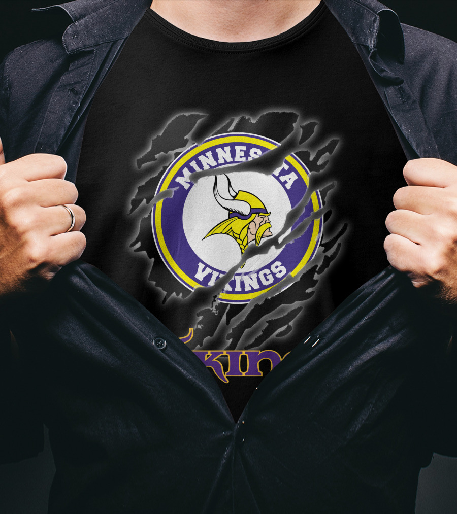 Minnesota Vikings Ripped Logo Design Featuring Iconic Viking Helmet And Horns T-Shirt