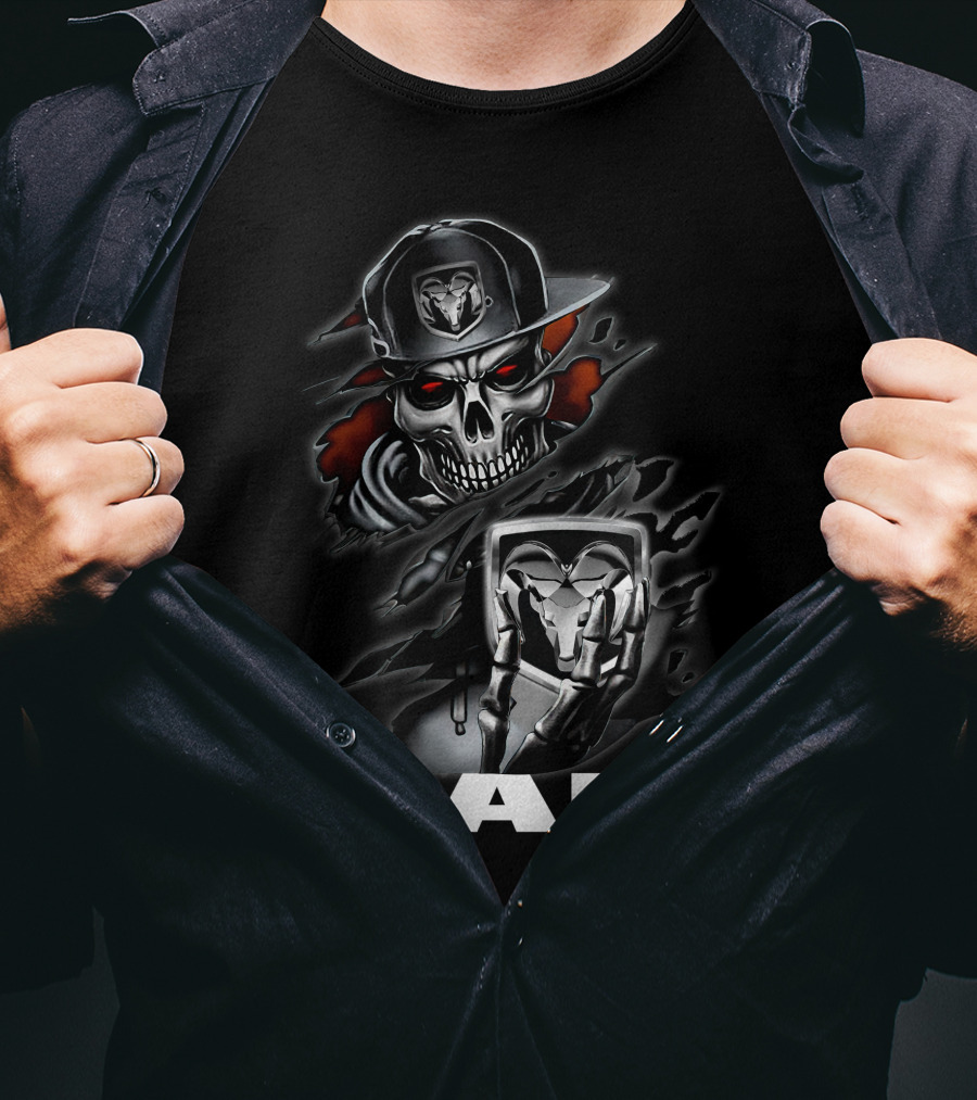 Ram Skull Skeleton With Baseball Cap And Glowing Red Eyes T-Shirt