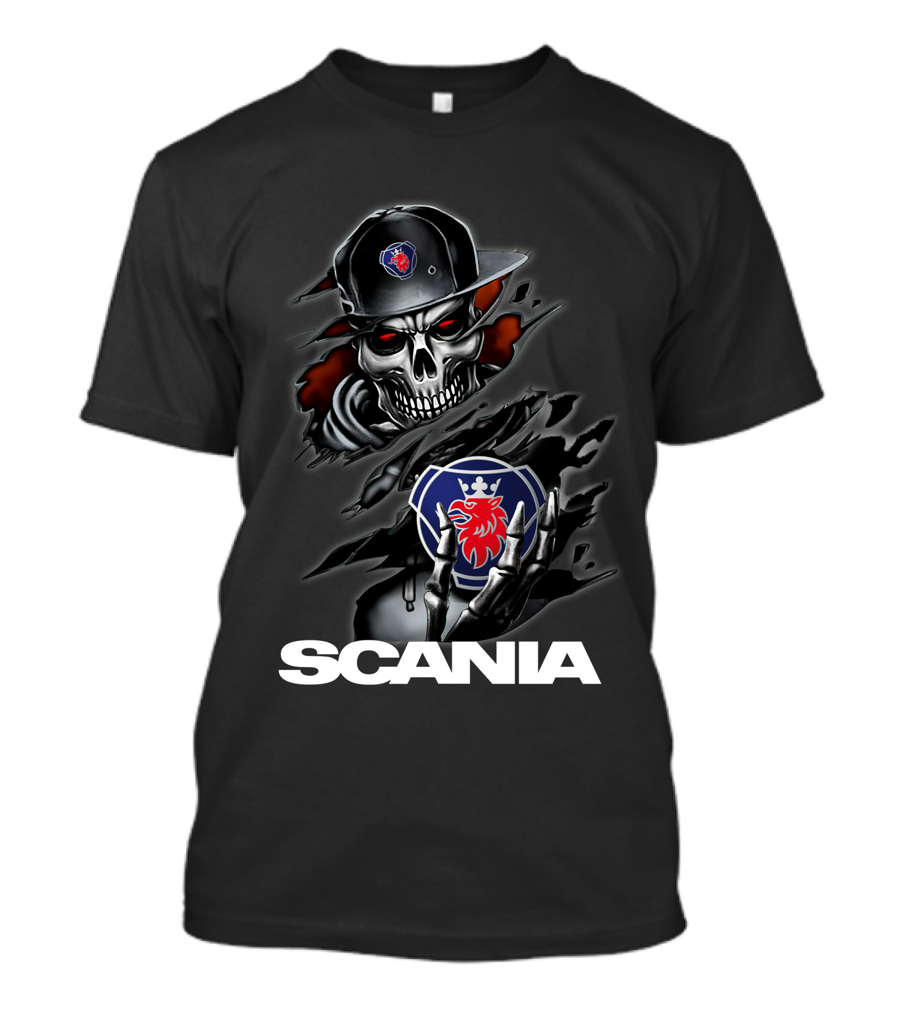 Scania Skull Emblem With Cap And Red-Eyed Skeleton T-Shirt