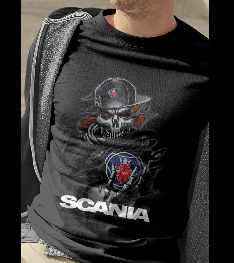 Scania Skull Emblem With Cap And Red-Eyed Skeleton T-Shirt
