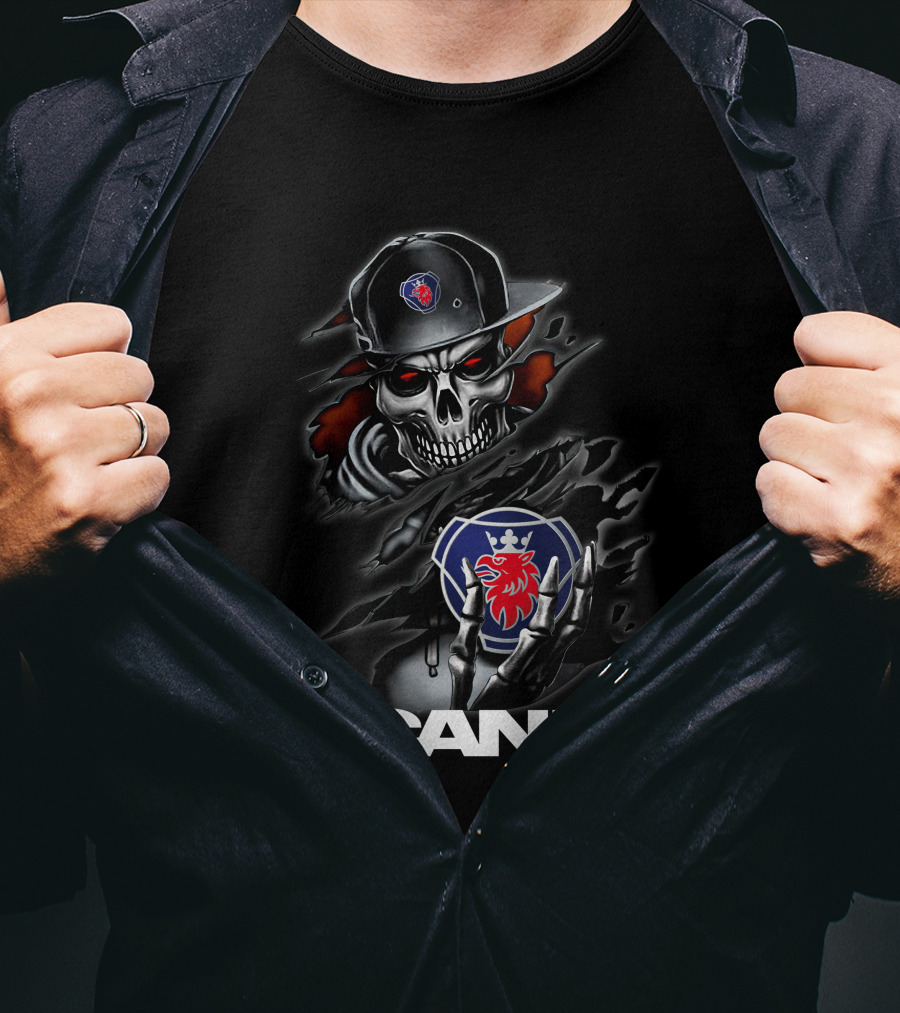 Scania Skull Emblem With Cap And Red-Eyed Skeleton T-Shirt