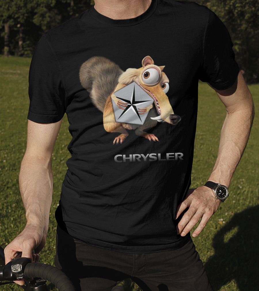 Chrysler Logo With Iconic Ice Age Character Holding T-Shirt
