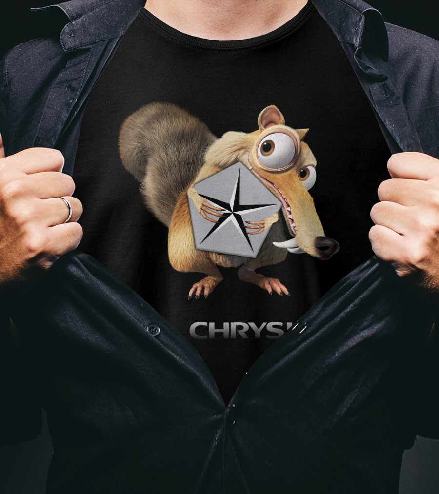 Chrysler Logo With Iconic Ice Age Character Holding T-Shirt