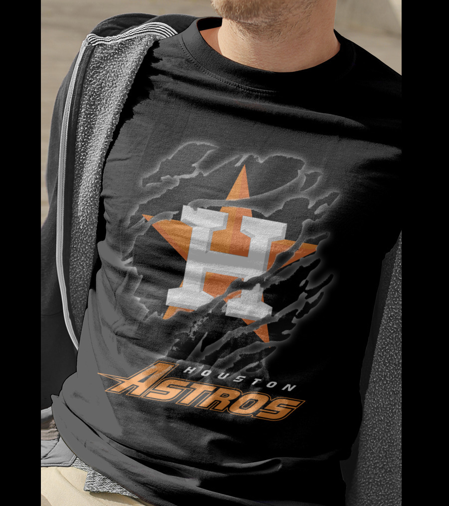 Houston Astros Logo With Orange Star And Dynamic Ripped Effect T-Shirt
