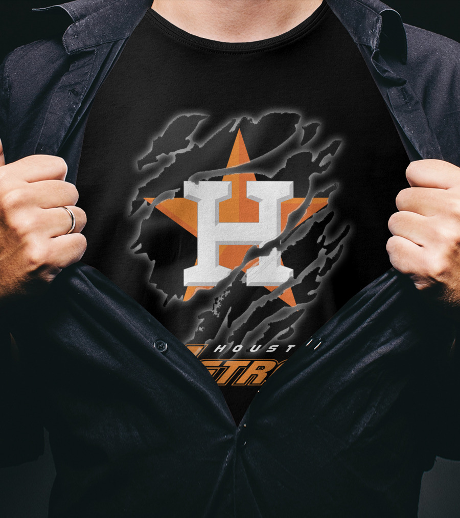 Houston Astros Logo With Orange Star And Dynamic Ripped Effect T-Shirt