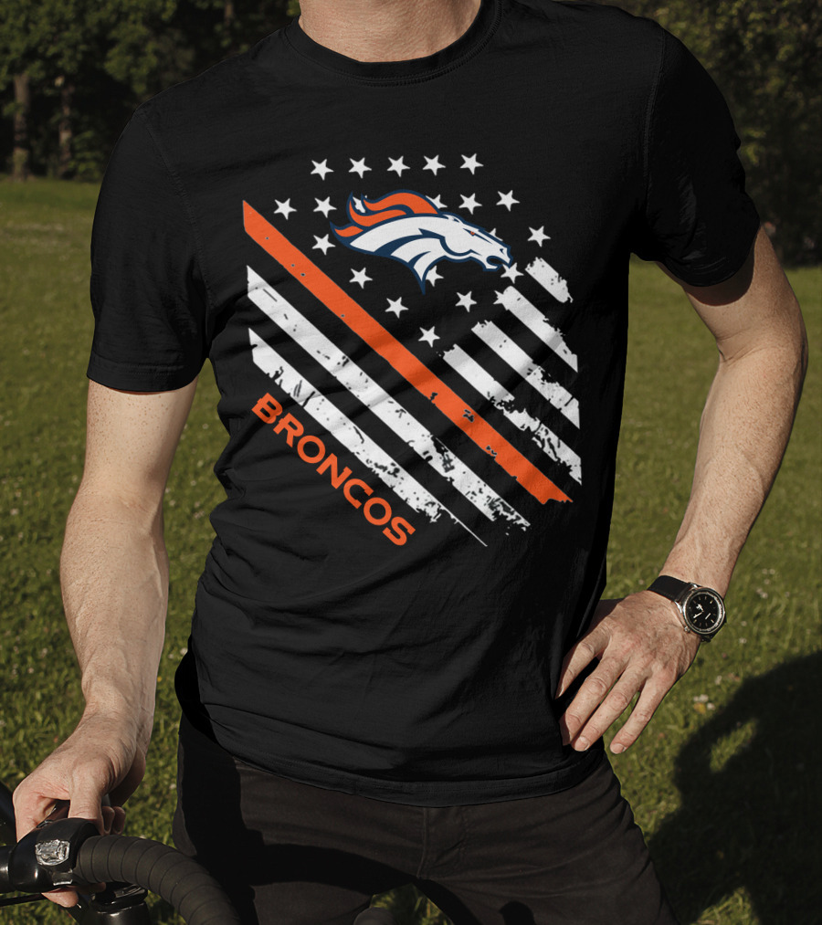 Broncos Logo With Stars And Stripes In Orange And White T-Shirt
