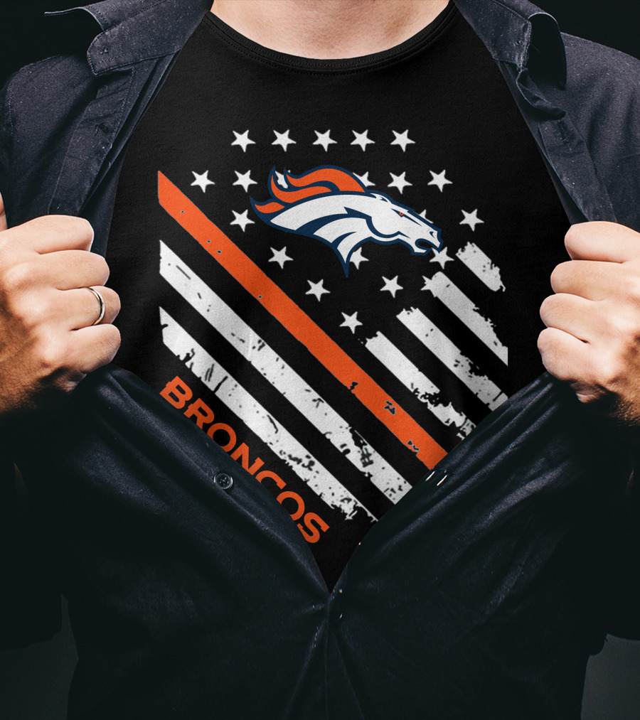 Broncos Logo With Stars And Stripes In Orange And White T-Shirt