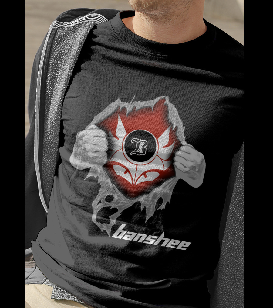 Banshee Ripped Logo With Winged Emblem And Bold Letter B On Dark T-Shirt