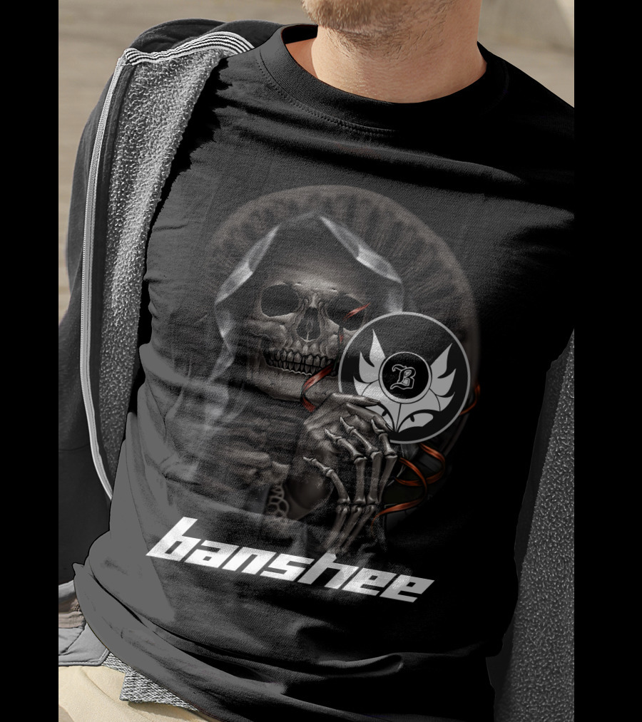 Banshee Skeleton Holding Emblem With Hooded Cloak And Stylized T-Shirt