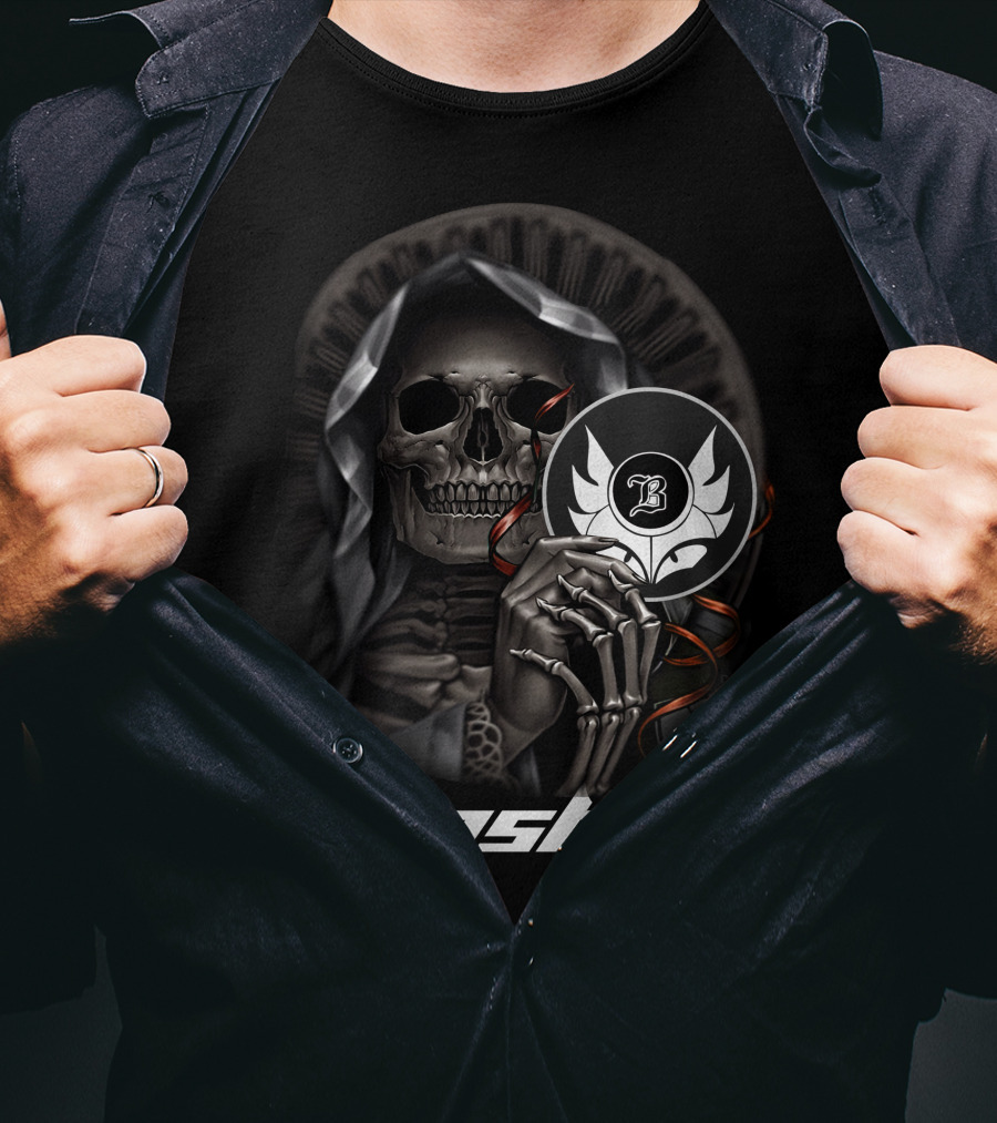 Banshee Skeleton Holding Emblem With Hooded Cloak And Stylized T-Shirt