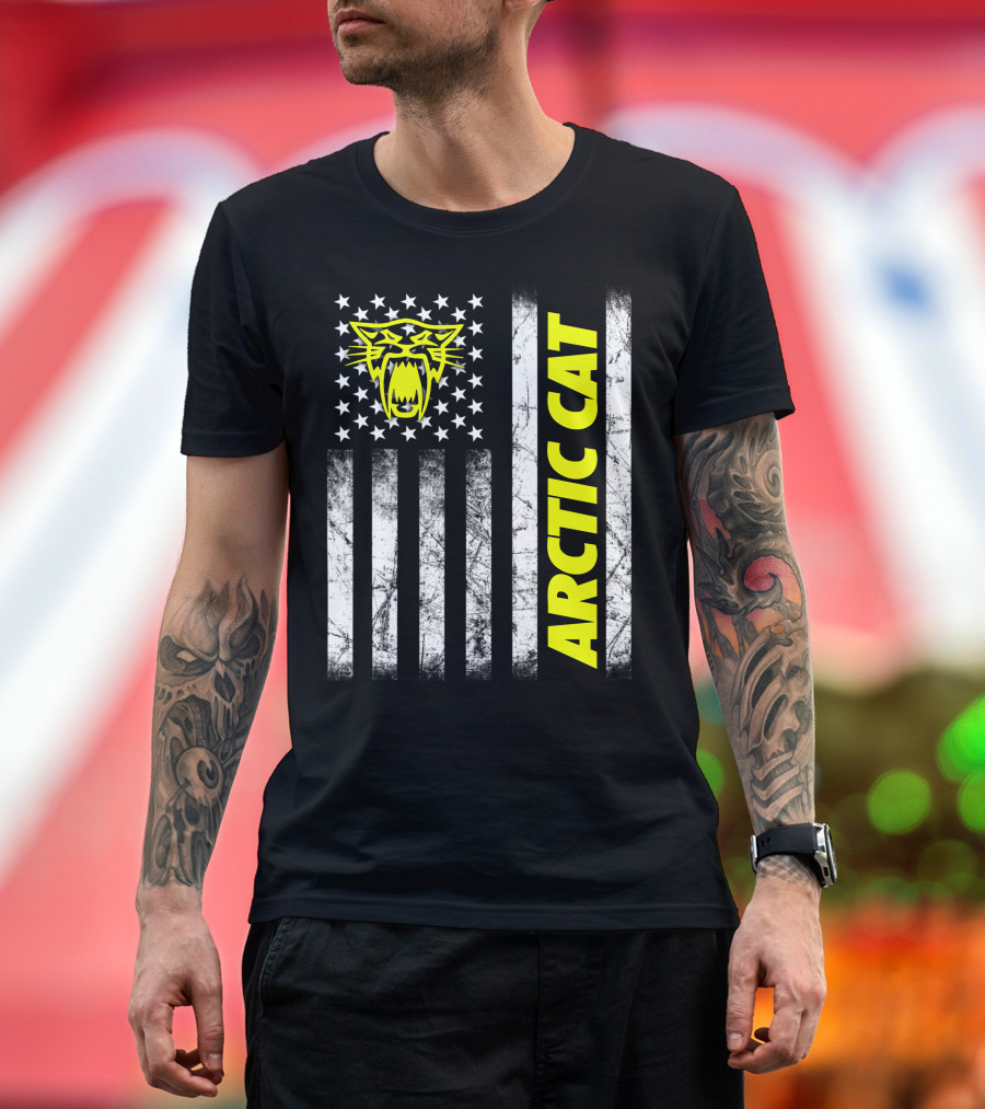 Arctic Cat Yellow Logo With American Flag Stripes And Stars T-Shirt