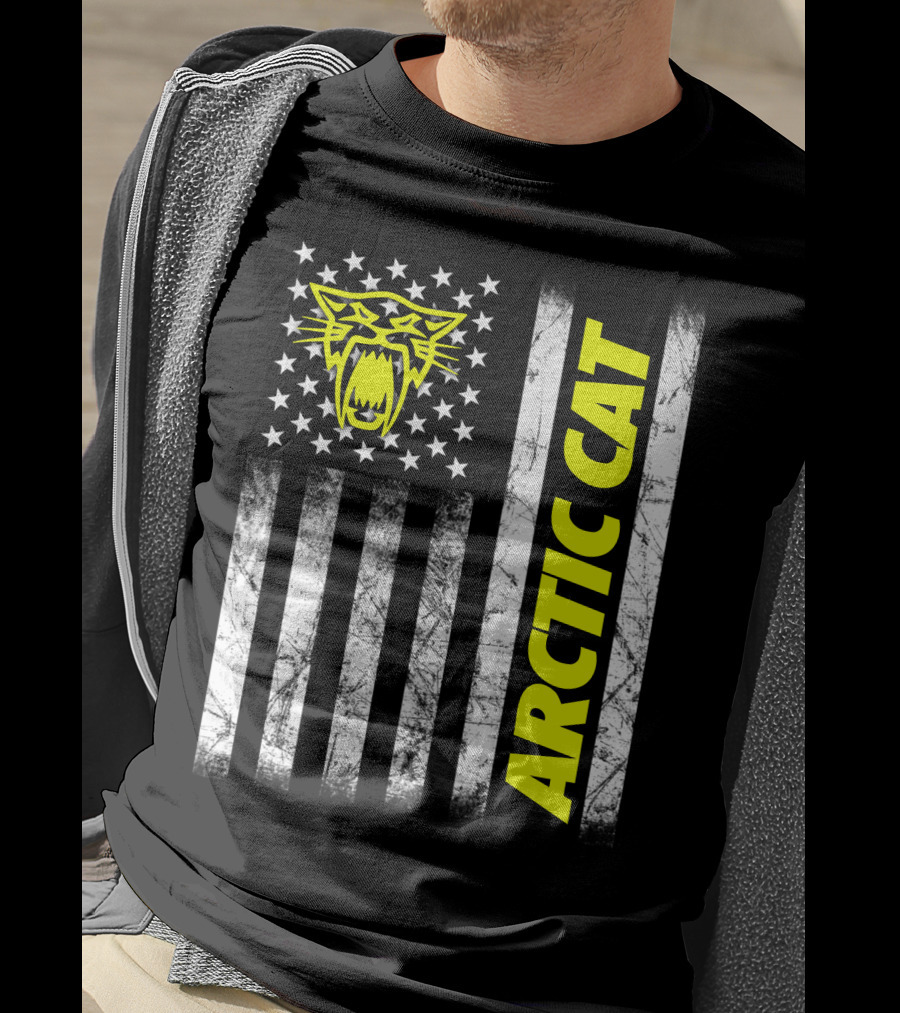 Arctic Cat Yellow Logo With American Flag Stripes And Stars T-Shirt