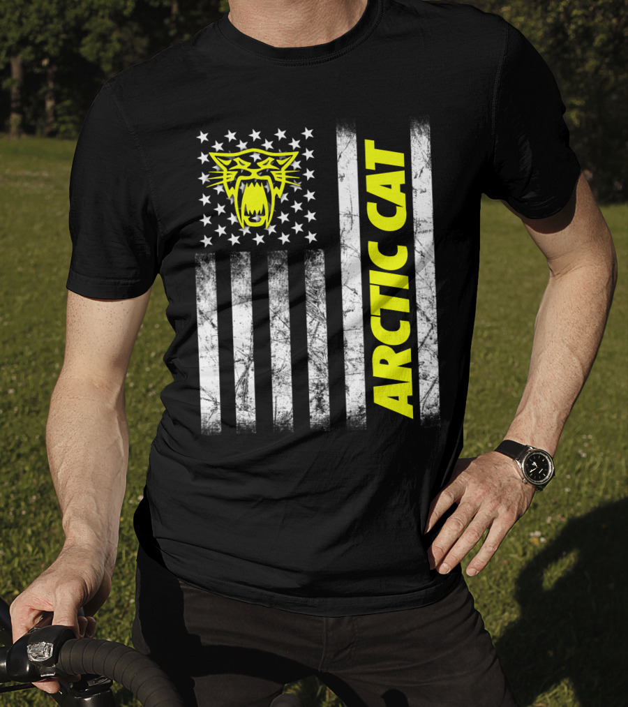 Arctic Cat Yellow Logo With American Flag Stripes And Stars T-Shirt