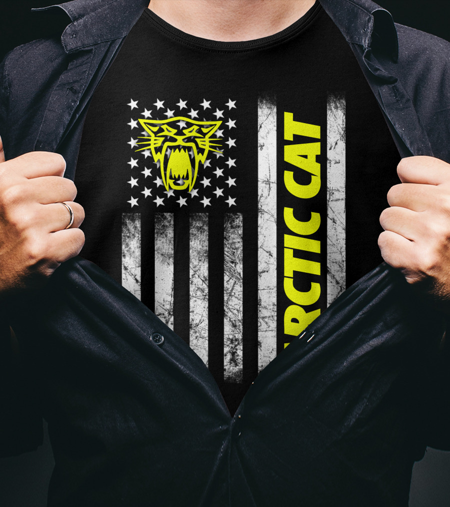 Arctic Cat Yellow Logo With American Flag Stripes And Stars T-Shirt