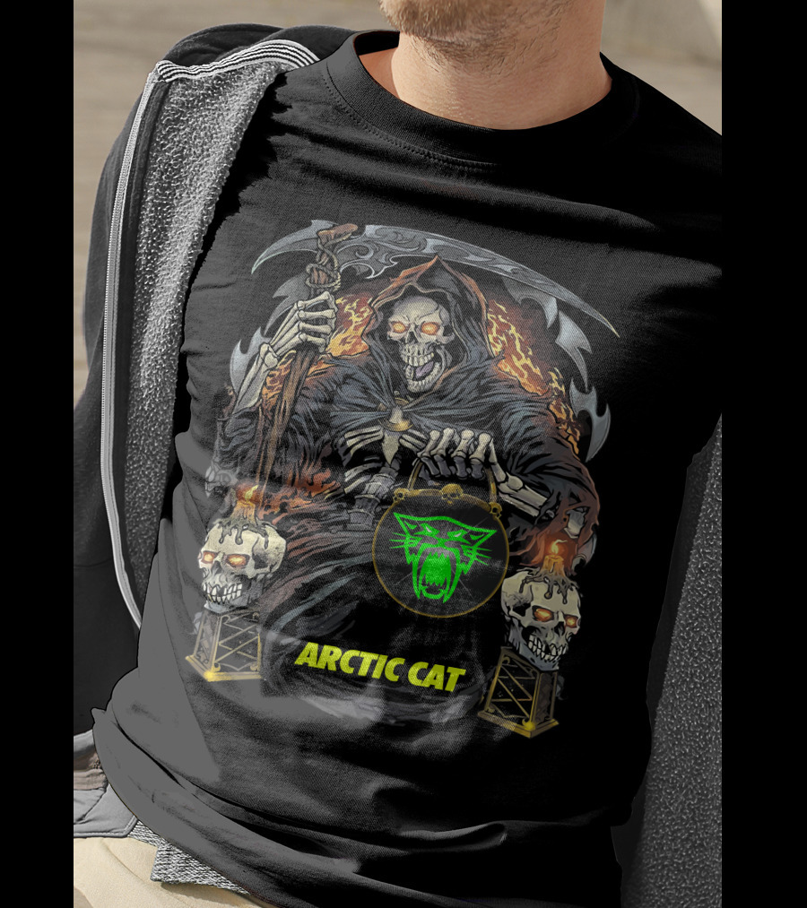 Arctic Cat Grim Reaper Skeleton Holding Scythe And Neon Green Cat T-Shirt