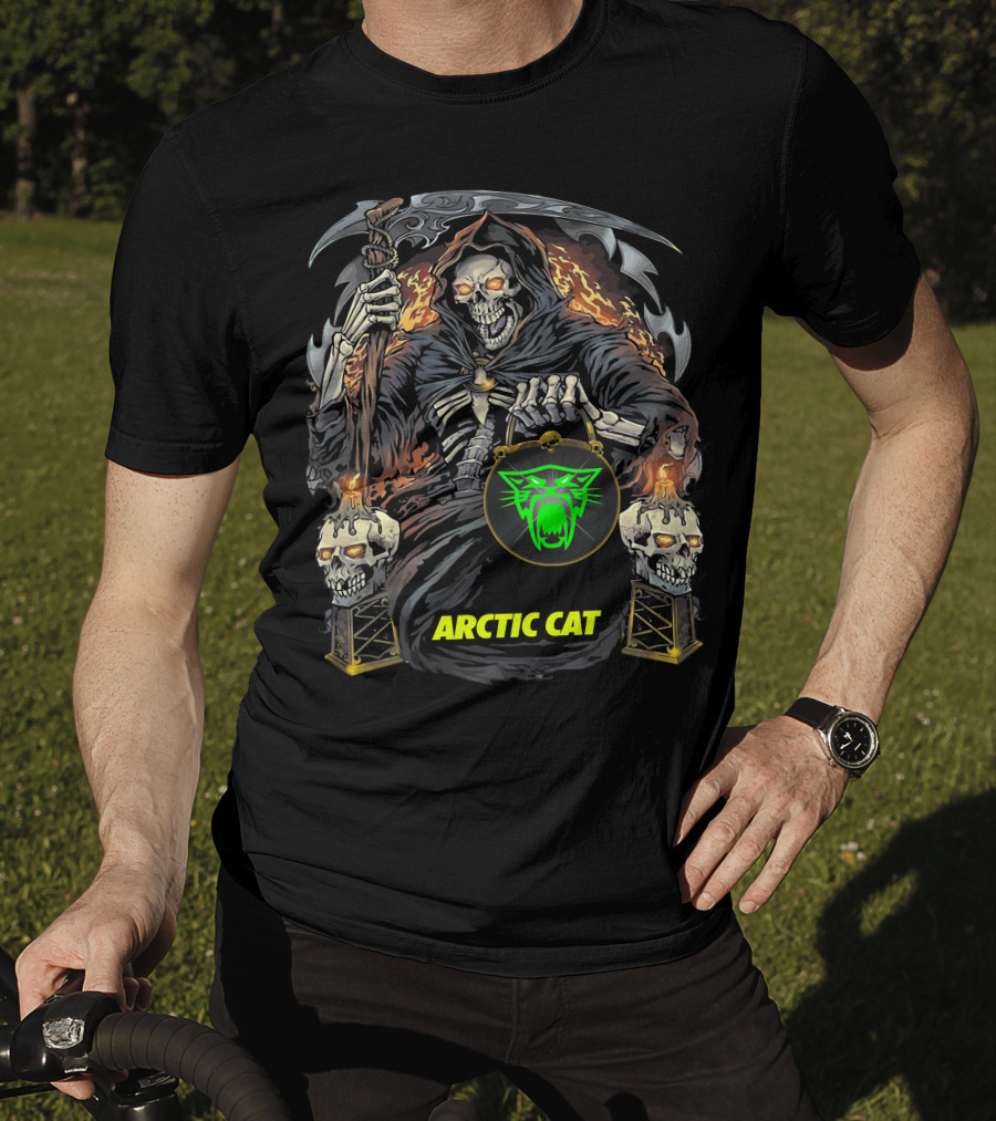 Arctic Cat Grim Reaper Skeleton Holding Scythe And Neon Green Cat T-Shirt