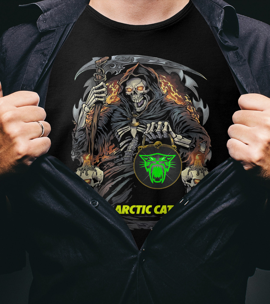 Arctic Cat Grim Reaper Skeleton Holding Scythe And Neon Green Cat T-Shirt