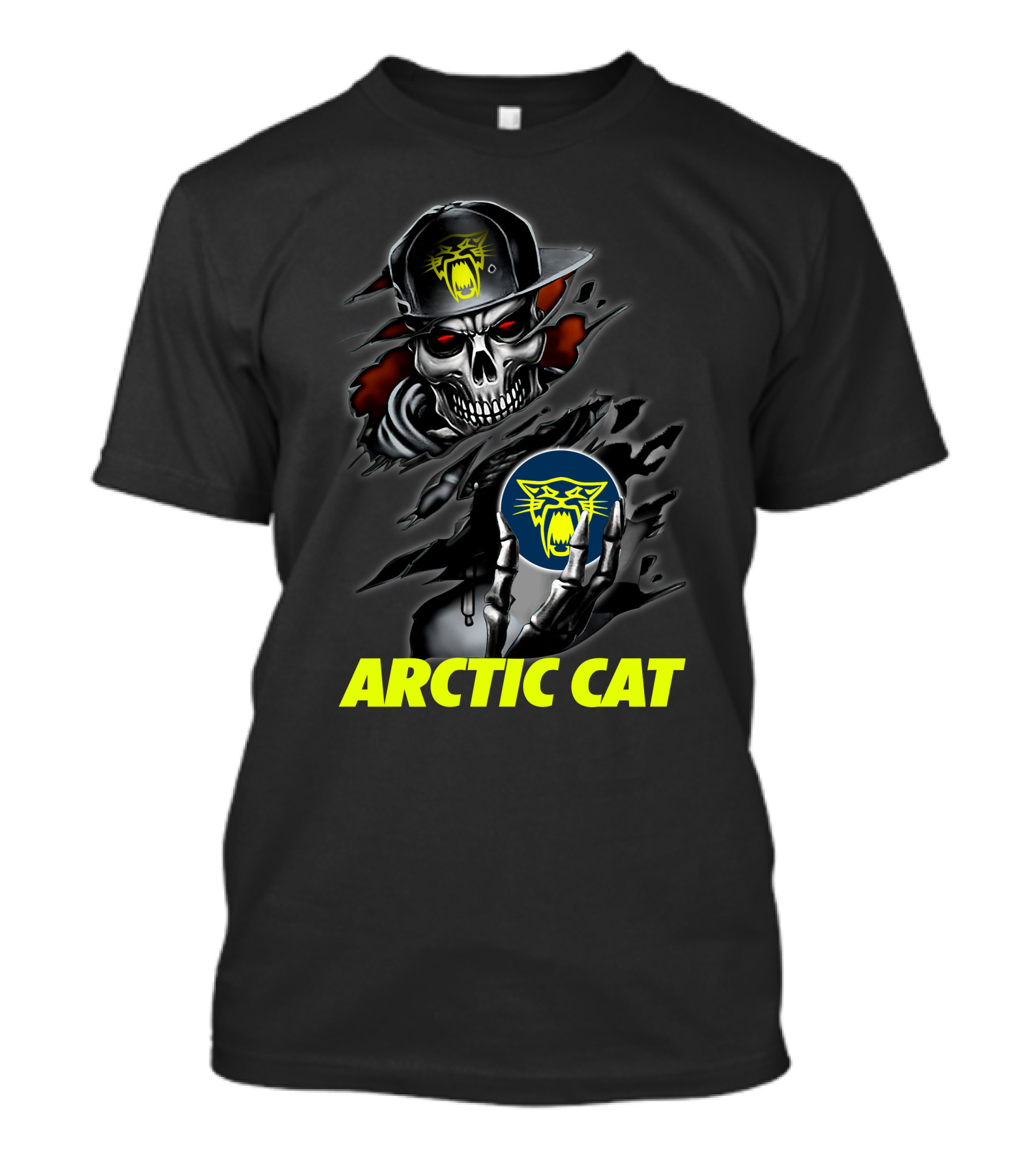 Arctic Cat Skull Skeleton With Hat Holding T-Shirt