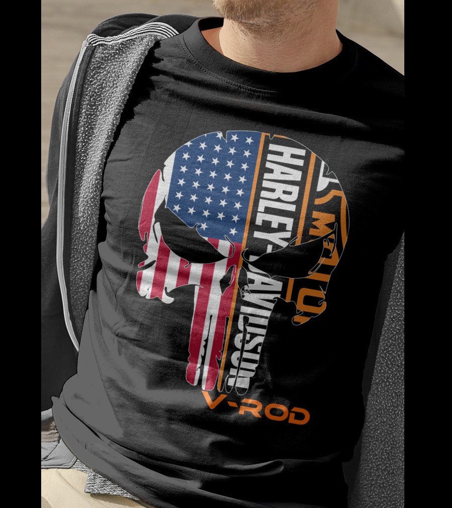 V-Rod Harley Davidson American Flag Skull T-Shirt