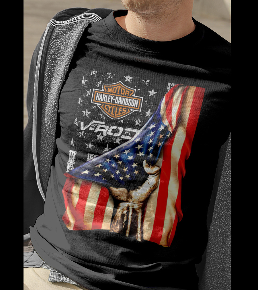 Harley Davidson Motor Cycles Vrod 12 American Flag Fist T-Shirt