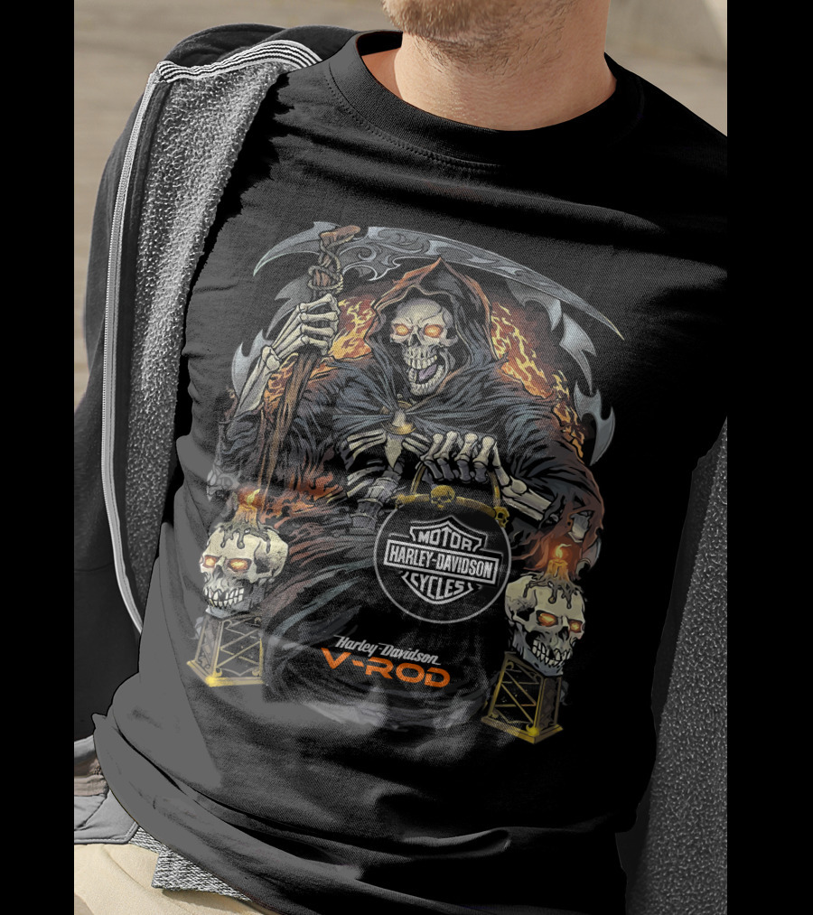 Harley Davidson V-Rod Grim Reaper Skeleton Flames T-Shirt