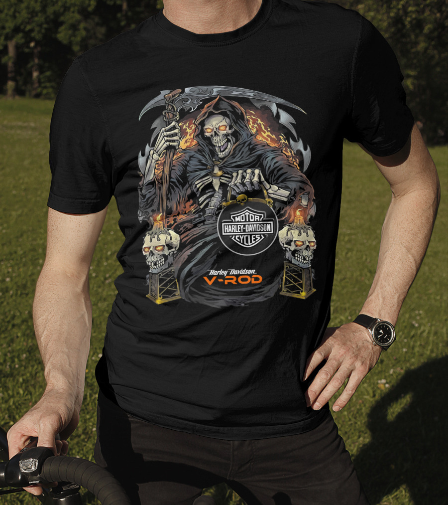 Harley Davidson V-Rod Grim Reaper Skeleton Flames T-Shirt