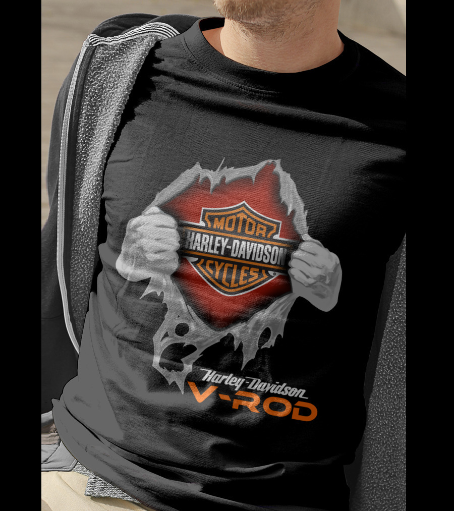 Harley Davidson V-Rod Motor Cycles Logo And Shield With Ripping Hands T-Shirt
