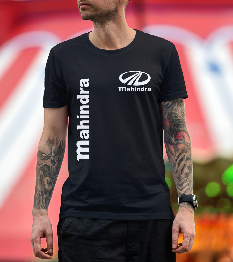 Mahindra Vertical Text With Iconic Logo Bold T-Shirt