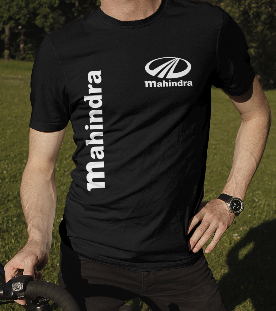 Mahindra Vertical Text With Iconic Logo Bold T-Shirt