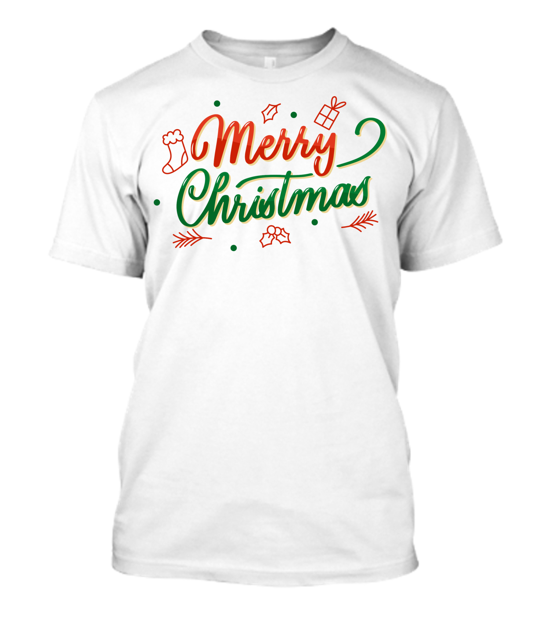 Merry Christmas Stocking Holly Leaves And Gift Icons T-Shirt