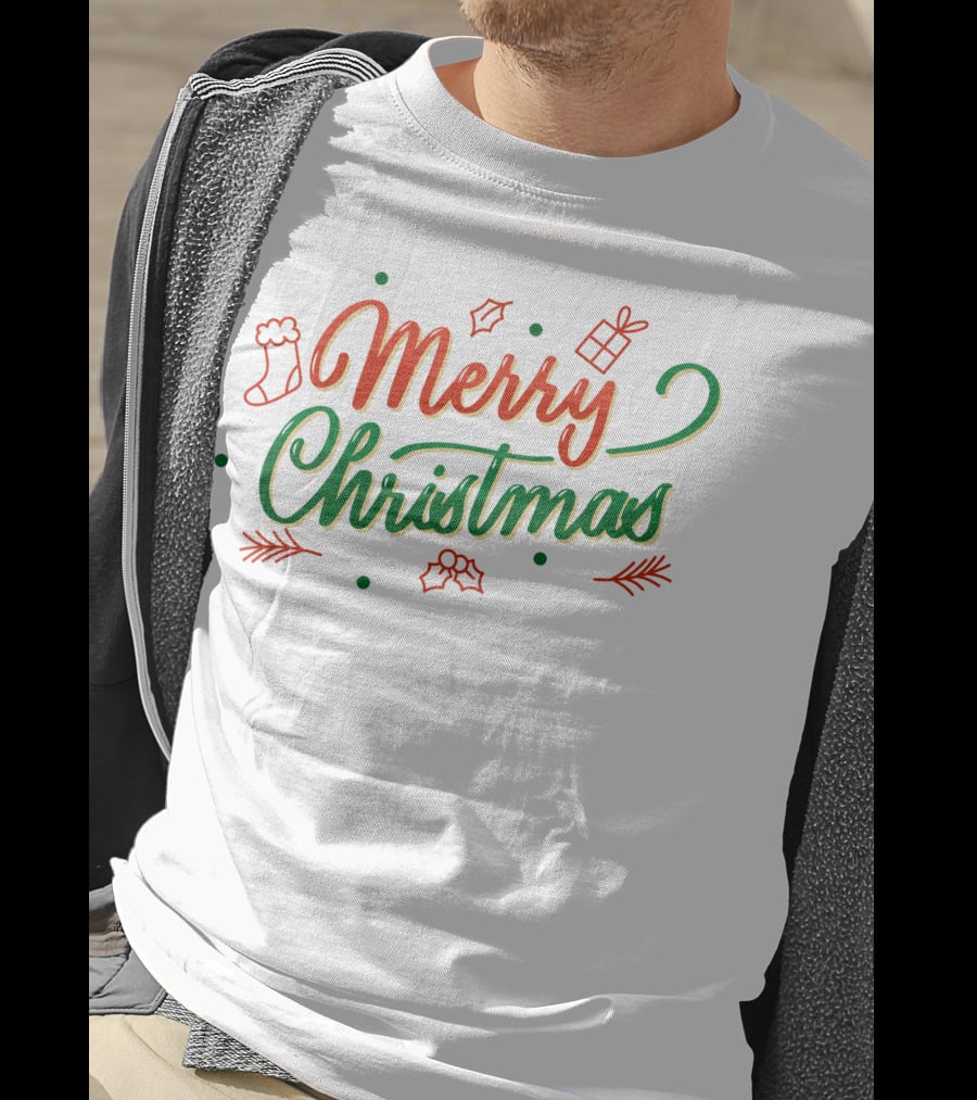 Merry Christmas Stocking Holly Leaves And Gift Icons T-Shirt