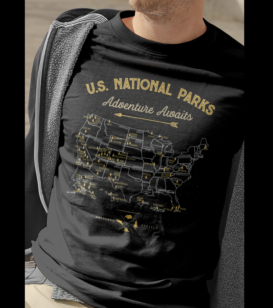 U.S. National Parks Adventure Awaits Preserve Protect Map Vintage Camping Hiking T-Shirt