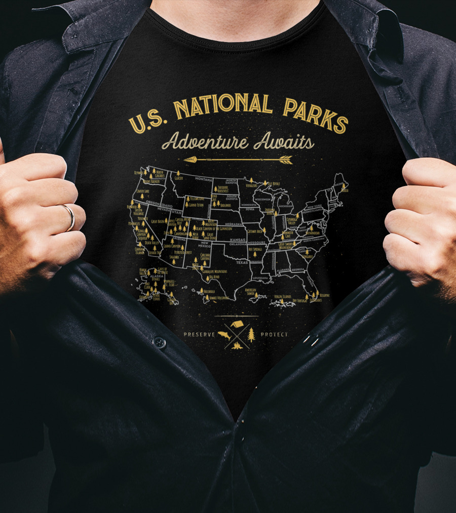 U.S. National Parks Adventure Awaits Preserve Protect Map Vintage Camping Hiking T-Shirt
