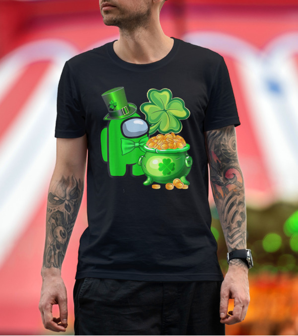 Premium T-Shirt: Among Us Green Character With Shamrock Hat and Pot of Gold St Patrick's Day T-Shirt Among Us Green Character With Shamrock Hat and Pot of Gold St Patrick's Day T-Shirt