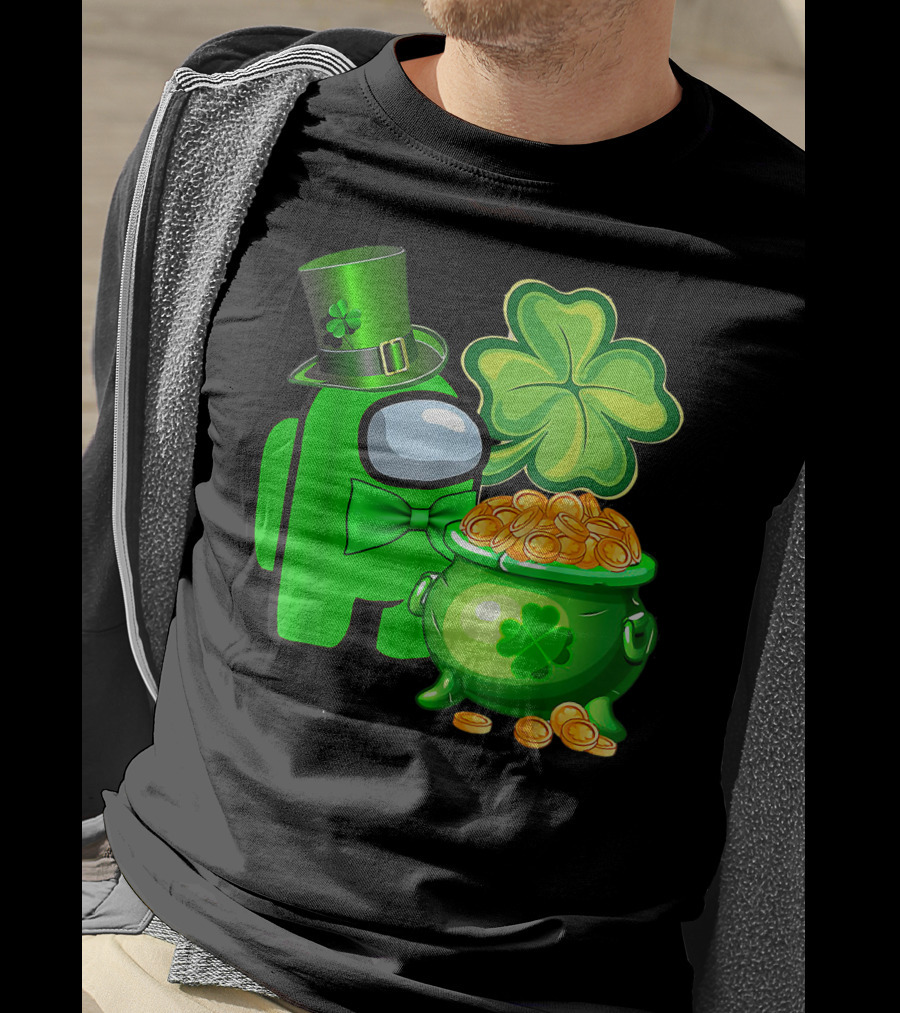 Among Us Green Character With Shamrock Hat And Pot Of Gold St Patrick's Day T-Shirt