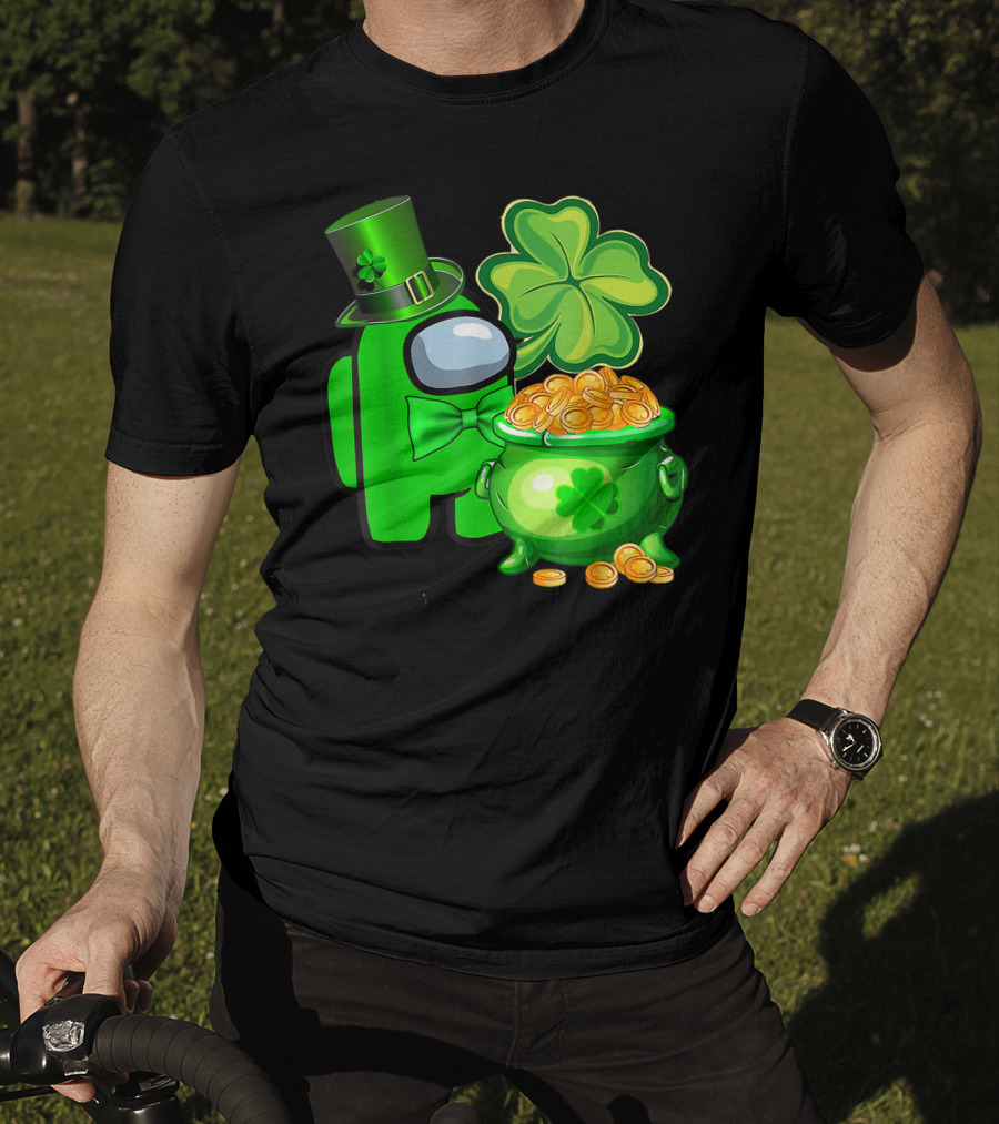 Among Us Green Character With Shamrock Hat And Pot Of Gold St Patrick's Day T-Shirt
