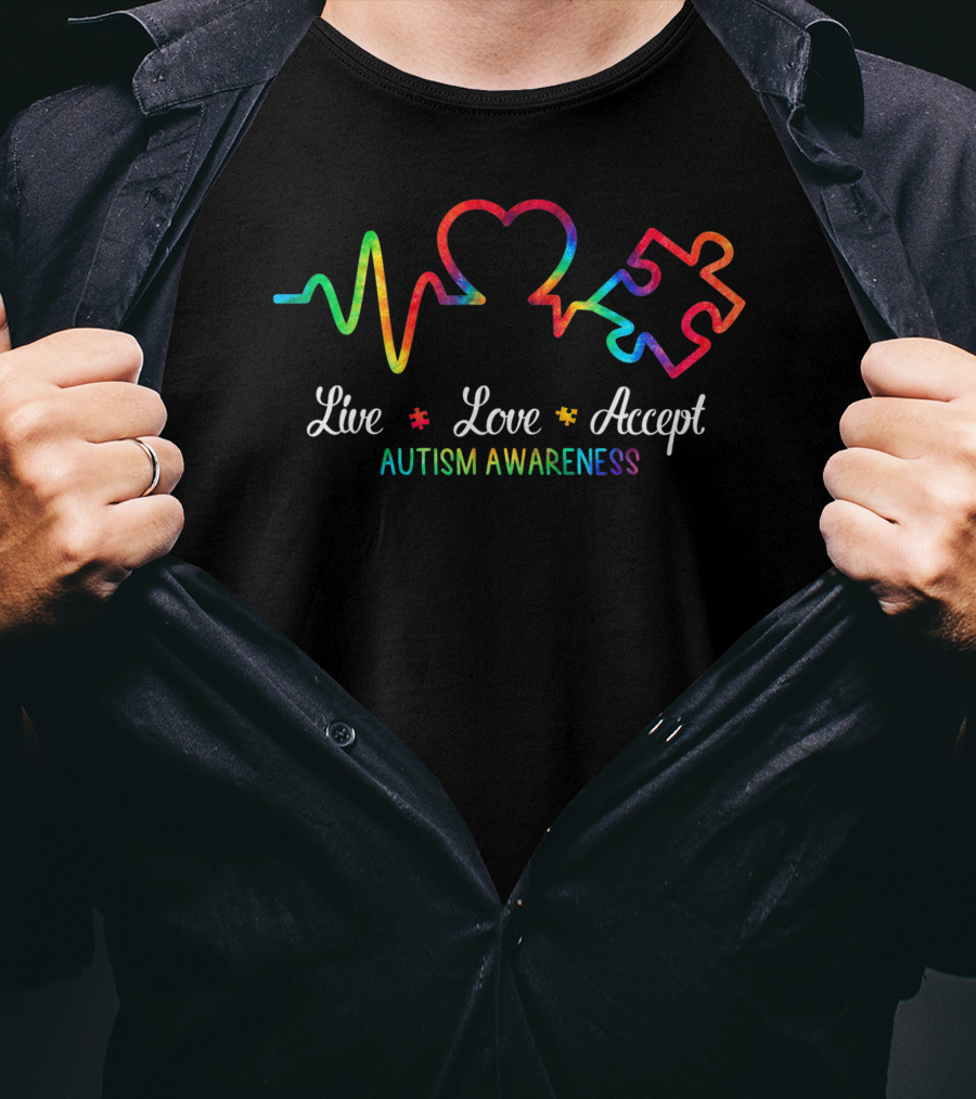 Live Love Accept Autism Awareness Heartbeat Puzzle Tie Dye Autism Mom Boy T-Shirt