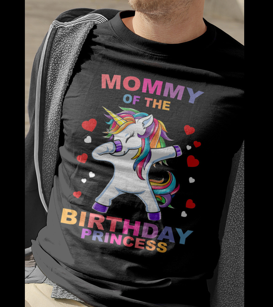 Mommy Of The Birthday Princess Unicorn Girl Dabbing With Hearts T-Shirt