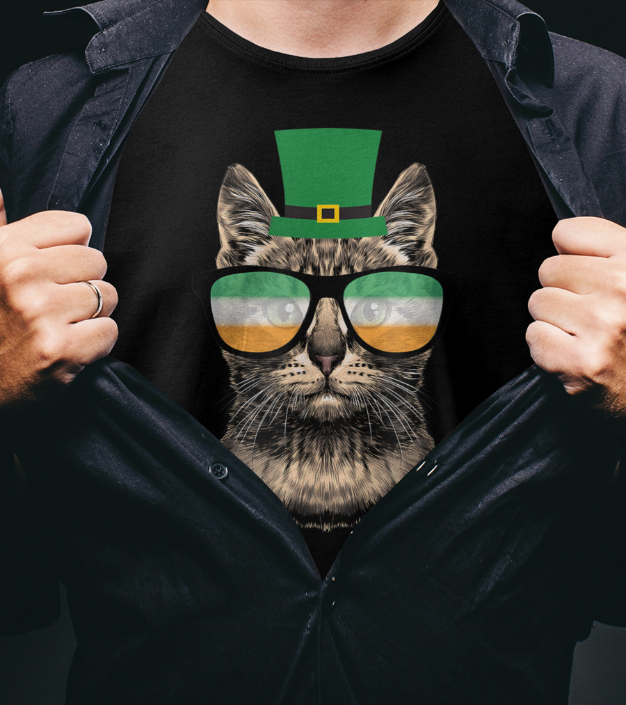 St Patrick's Day Cat Kitty Wearing Irish Green Hat And Glasses T-Shirt