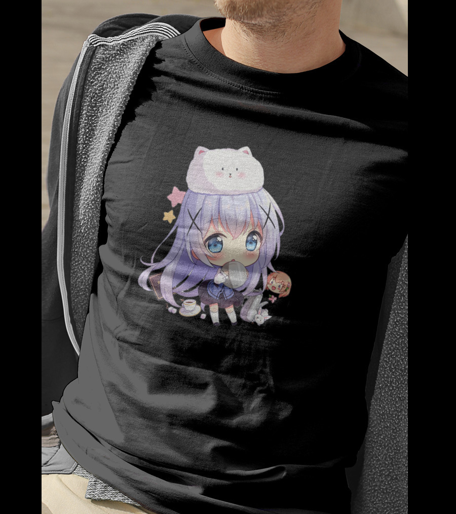 Hitsu Chibi Style Japanese Anime Character With Cat Hat And Stars T-Shirt