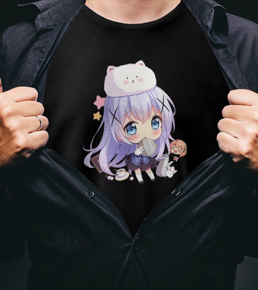 Hitsu Chibi Style Japanese Anime Character With Cat Hat And Stars T-Shirt