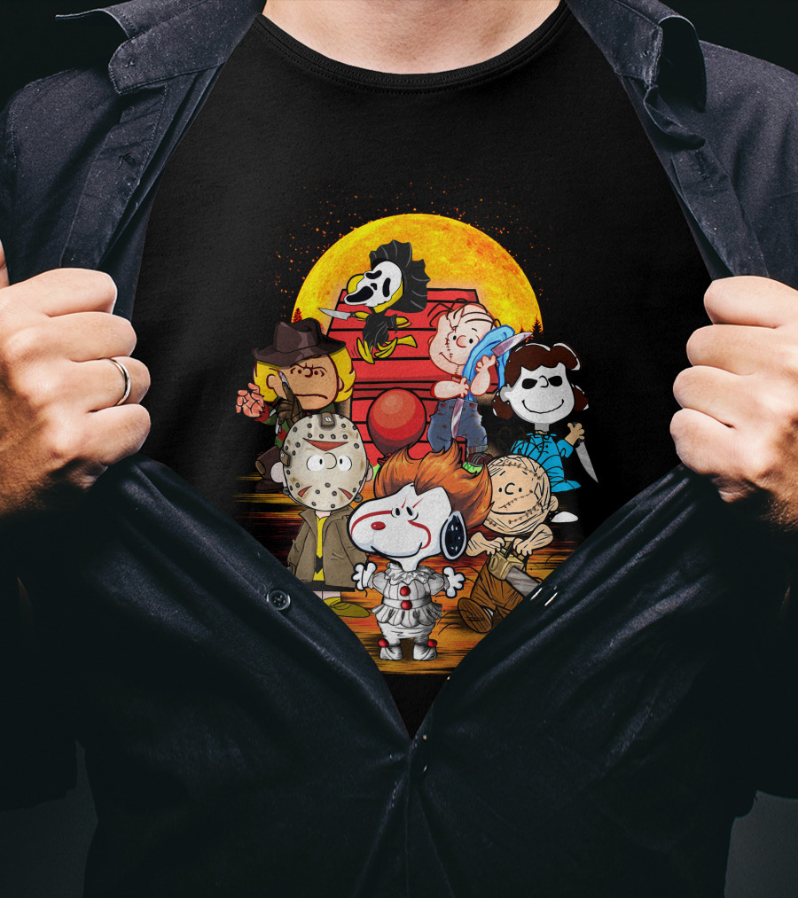 Horrorsnop Killer Cartoon Mashup Halloween Group With Mask And Knife T-Shirt