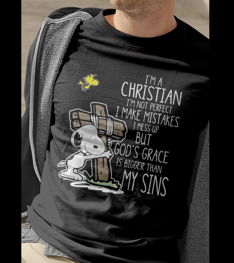 I'm A Christian God's Grace Bigger Than My Sins Snoopy Hugging Cross T-Shirt